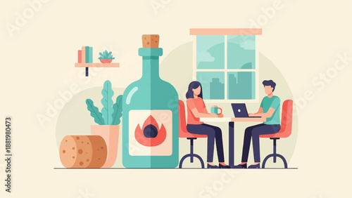 Two people working on laptops at a table, with a large bottle and plants