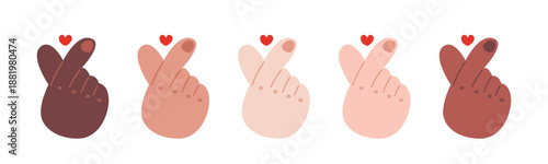 Hand with heart sign. Finger love gesture set. Relationship, support and kindness icons. Romantic feelings. Hand drawn vector illustration Isolated on white.