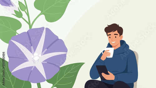 Young man relaxing with coffee and tablet next to large purple flower