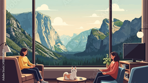 Two women and a dog relax indoors with a stunning mountain vista view