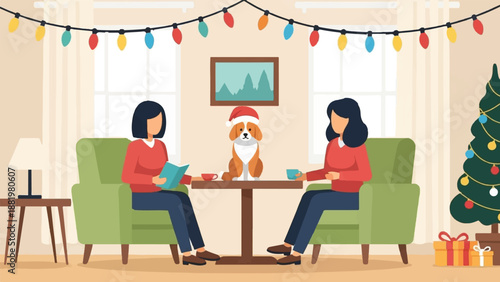 Two women and a dog relax indoors with festive decorations and Christmas tree