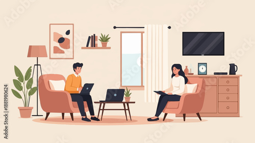 Two people working on laptops and tablet in a cozy living room