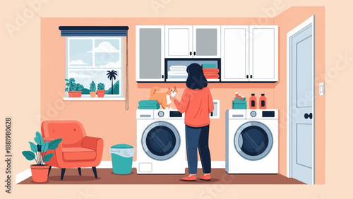 Woman petting cat near washing machines in a laundry room