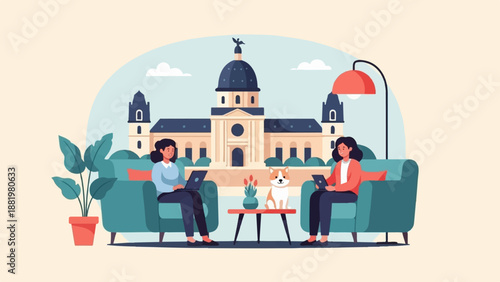 Two women and a dog relax on couches in front of a domed building