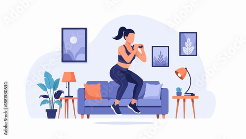 Woman performing squat exercise on couch in living room