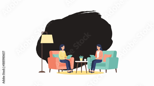 Two women sit in armchairs discussing information on tablets with a floor lamp