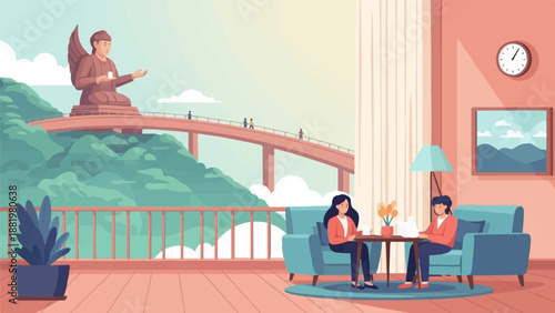 Two women sit in armchairs indoors, while a serene outdoor landscape is visible