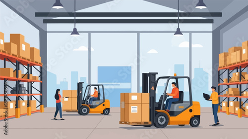 Warehouse workers operating forklifts and managing inventory