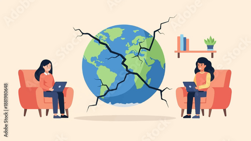 Two women sit in armchairs on laptops, with a cracked globe behind them