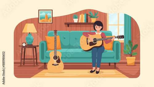 Woman playing guitar in a cozy living room with acoustic guitars and plants