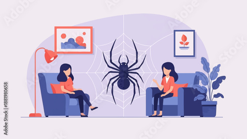 Two women sit in chairs with a large spider web and spider between them