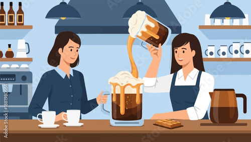 Woman pours bubbly drink into oversized mug at cafe counter