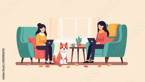 Two women and a dog relaxing in armchairs with laptops
