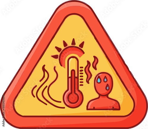 Warning sign for extreme heat, sun, thermometer, and sweating person