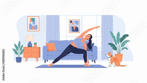 Woman practices yoga in a living room with a dog and plants