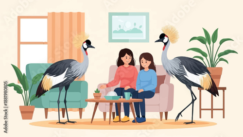 Two women sit on a couch next to a small table while two large cranes stand nearby