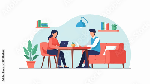 Two people work together on laptops in a modern, comfortable room setting