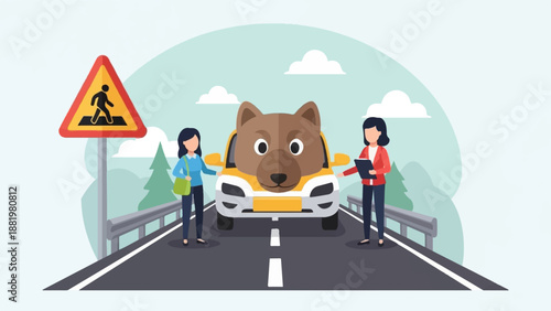 Two women and a dog-faced car on a road with a pedestrian crossing sign
