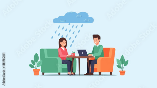 Two people work together indoors while it rains outside above them