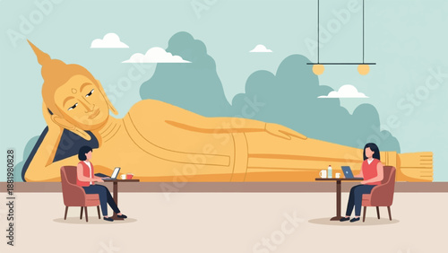 Two people work remotely with a large reclining Buddha statue behind them