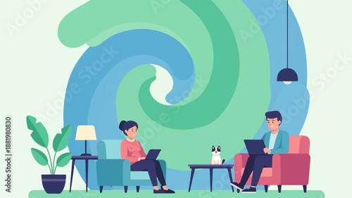 Two people work remotely with a pet nearby, in a stylish room with abstract background