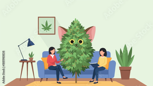 Two women sit on a sofa near a whimsical tree with cat ears and eyes