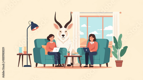 Two women and a large white horned animal working on laptops indoors