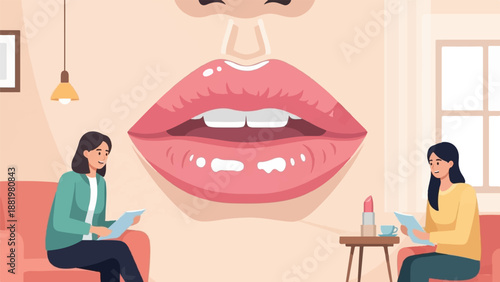 Two women sit on chairs, one on left and one on right, and read papers, with large lips above them