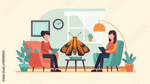 Two women sitting in chairs, with a large moth on a table between them