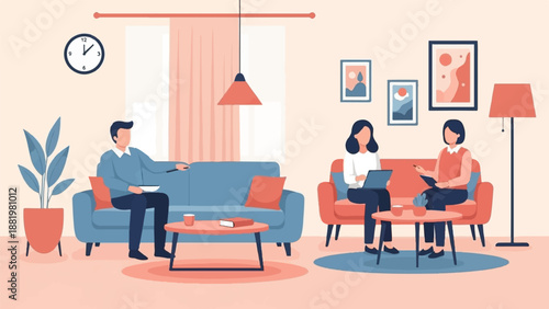 Two women and one man in a living room, one man watching TV, two women working