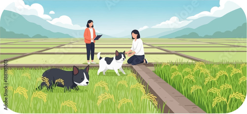 Two women and their dogs in a lush green rice paddy field