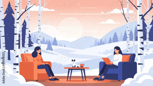 Two women and cat in cozy winter setting, by snowy birch trees
