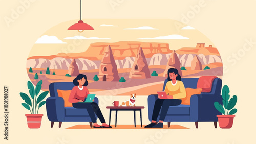 Two women and dog in a cozy interior with a desert landscape view