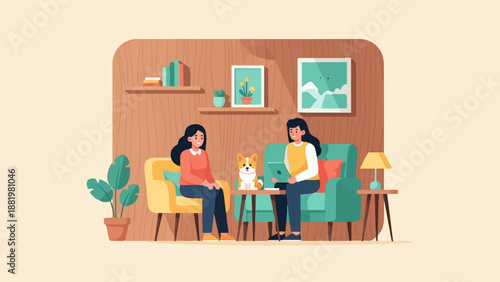 Two women and dog relax indoors on sofas, a lamp on a side table