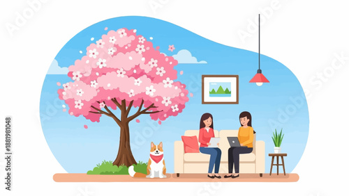 Two women and dog relax by blooming tree