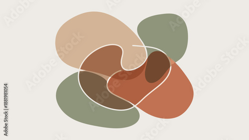 Harmonious abstract organic shapes with subtle white outlines, minimalist style, calming earthy color palette, for modern serene design aesthetics