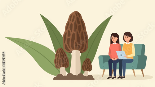 Two women sitting on a sofa, looking at a laptop, with large mushrooms and leaves