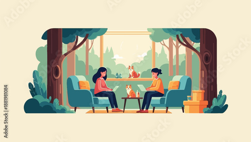 Two women and two dogs in a cozy room with a window view of trees