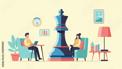 Two people work remotely near a giant chess king in a modern room