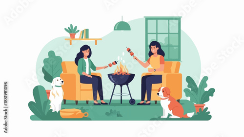 Two women and two dogs enjoying a barbecue in a backyard