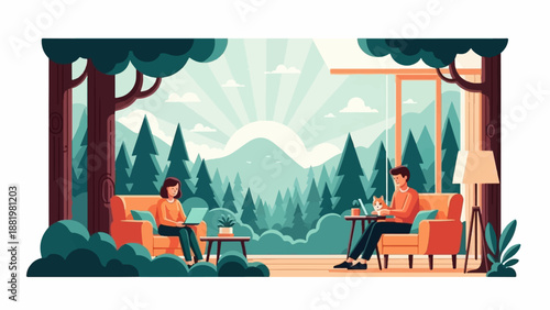 Two people work on laptops with a dog in a serene forest landscape