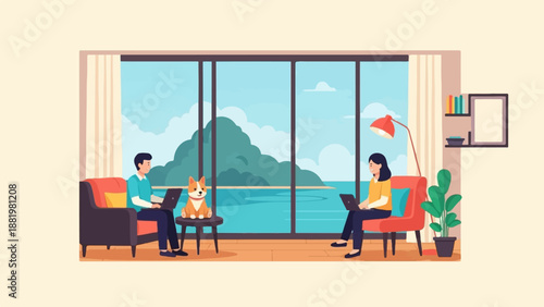 Two people work on laptops with a dog nearby in a room with a large window view