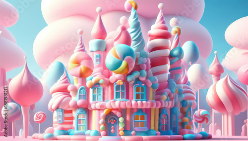 A whimsical castle designed with candy-like features stands against a blue sky. The structure showcases vibrant spirals, peaks, and large lollipops surrounding the area.