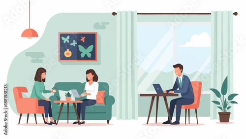 Two women chat on sofa, man works on laptop beside window