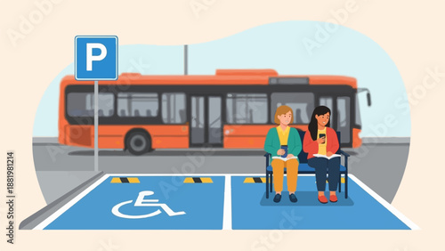 Two women wait at a bus stop with a disabled parking sign