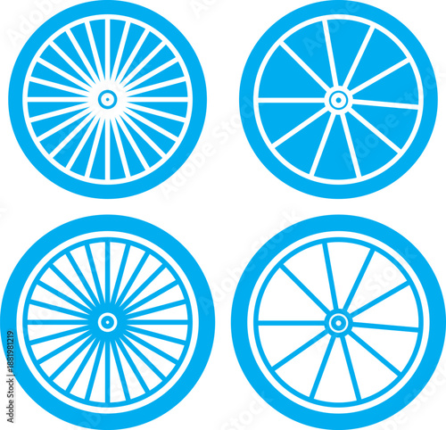 Bicycle wheel icon. Colorful vehicle wheel icon set isolated on white. Side view bicycle illustration with visible pedals and wheels. Bike Rides, Sport Symbols, and Transport Icons for Healthy Adventu