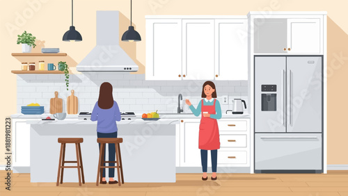Two women chatting and preparing food in a modern kitchen with appliances