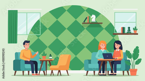 Two women collaborate on a laptop while a man relaxes in a cozy, modern living room