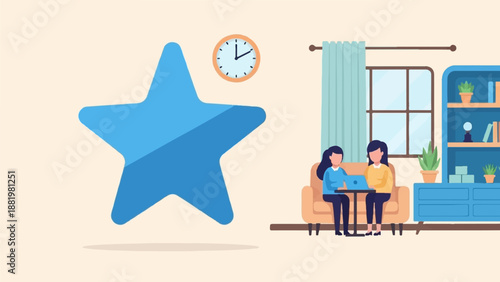 Two women collaborate on a laptop in a room with a blue bookshelf and star