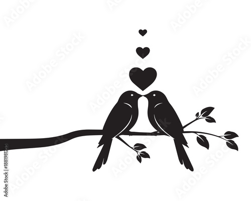 Two birds sitting on a branch with hearts above them